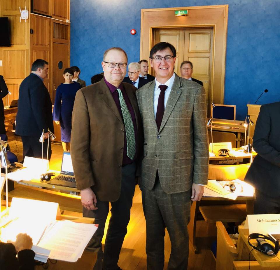 Delegationssekreterare Sten Eriksson från Ålands lagting och BSPC:s vice ordförande Jörgen Pettersson på plats i Trondheim där sjöfart, miljö och gemensamma utmaningar och möjligheter diskuterades. Foto: Johannes Schraps, Bundestag.