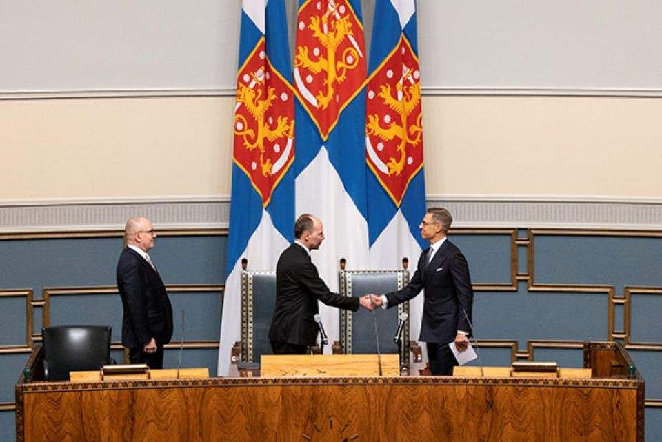 Talman Jussi Halla-Aho och president Alexander Stubb i Finlands riksdag