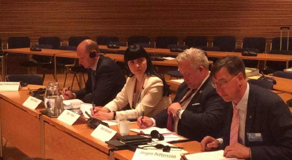 Jörgen Pettersson håller sitt anförande. Bredvid honom sitter Kent Härstedt från Sveriges riksdag. Härstedt är OSEC:s speciella representant för Vitryssland. De övriga personerna som sitter bredvid dem på bilden är Olga Popko och Maxim Misko från parlamentet i Vitryssland.